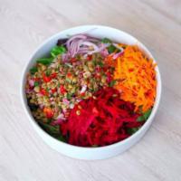 Lentil Salad · Green mix, tabbouleh, lentils, grated beets, grated carrots, red onion, cilantro.