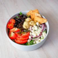 Greek Salad · Green Mix, tomatoes, red onion, pickle, chickpeas, black olives, feta cheese, pita.