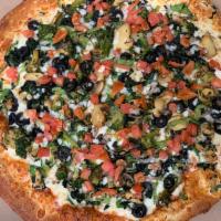 White Veggie Pizza · Onions, Green Peppers, Mushrooms, Black Olives, Spinach, Broccoli, & Tomatoes