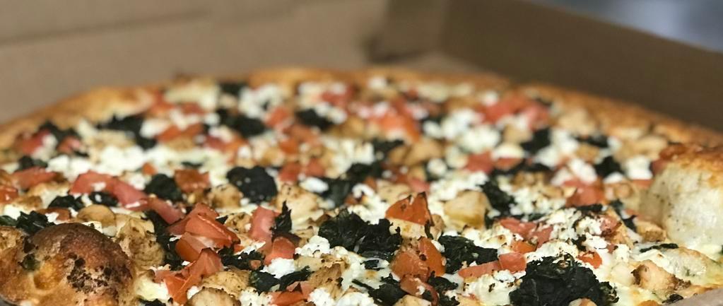 Greek Delight Pizza · White w/ Tomatoes, Spinach, Chicken, & Feta Cheese