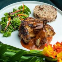 Red Peppa Jerk Chicken (GF) · Free range all natural jerk style chicken served with rice & peas and a ginger house salad.