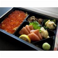 Salmon Ikura Bento · Salmon Sashimi, Ikura and Tamago on top of sushi rice. In addition 3 seasonal kobachi appeti...