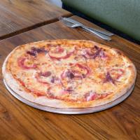 Amatriciana Pizze · Tomato sauce, mozzarella, pancetta, caramelized onions and chili pepper.