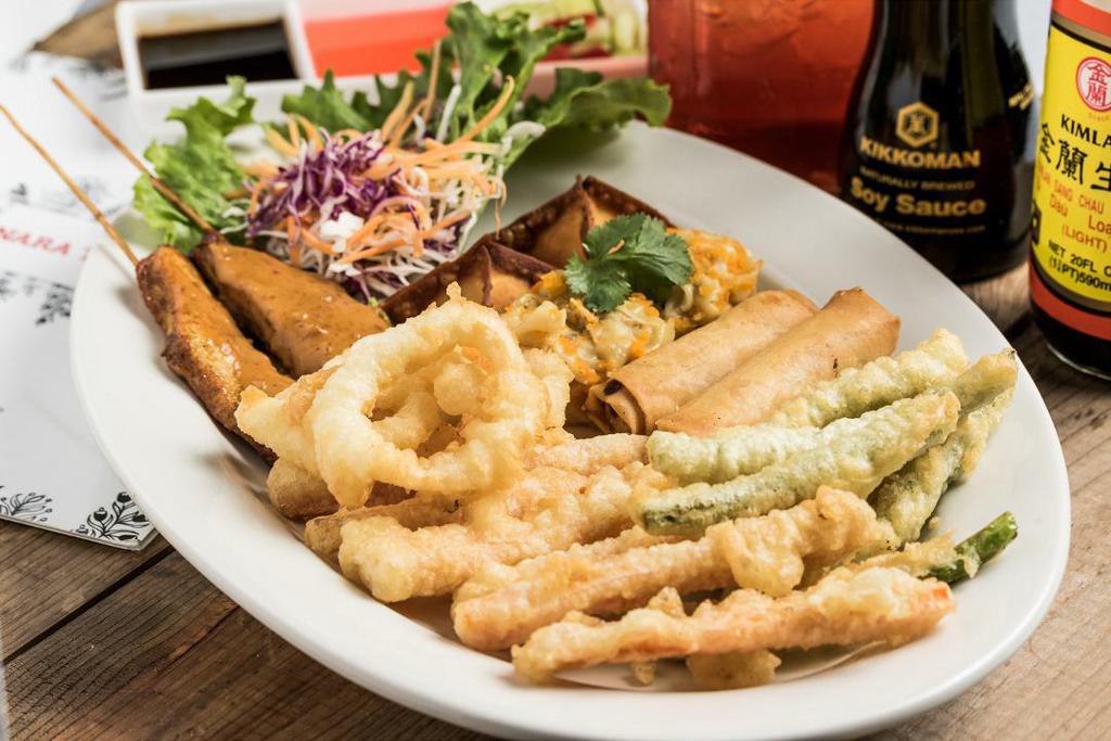 Combination Plate · Chicken satay, crab angel, calamari, vegetable tempura, fried spring roll, and Thai dumpling