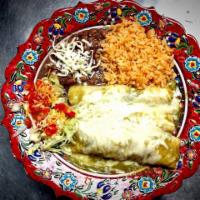 Enchiladas with Green Sauce · Two (2) chicken or cheese enchiladas served with rice and beans.