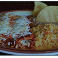 Enchiladas with Red Sauce · Two (2) chicken or cheese enchiladas topped with red sauce and served with rice and beans.