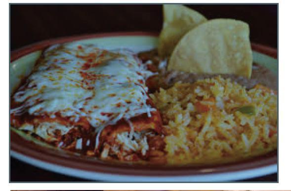 Enchiladas with Red Sauce · Two (2) chicken or cheese enchiladas topped with red sauce and served with rice and beans.