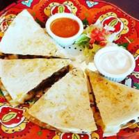 Meat Quesadilla · Choice of Meat, and served with Beans and Rice