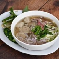 Large Beef Pho Soup with Meatballs Dinner · Rice noodles, sliced beef brisket, onions, bean sprouts, Thai basil, scallions, cilantro, ja...