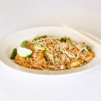 Pad Thai Dinner · Rice noodles, scallions, onions, bean sprouts, egg, Thai chili, roasted peanuts, and lime. S...