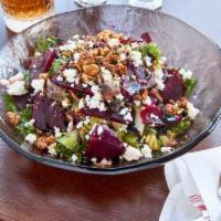 Roasted Beet Salad · Mixed Greens, Candied Walnuts, Goat Cheese, Balsamic Vinaigrette