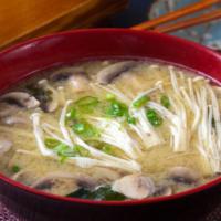 Mushroom Miso Soup · Miso soup with enoki mushroom and shiitake mushroom.