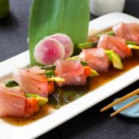 Yellowtail Special · In: spicy tuna or imitation crab, avocado, asparagus. Out: fresh yellowtail and house specia...