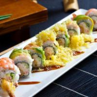 Super Crunch Roll · In: shrimp tempura, imitation crab, cucumber. Out: cooked shrimp, avocado, eel sauce and cru...