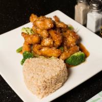 E2. Sesame Chicken Dinner · Served with sweet and spicy sesame sauce. Served with steamed rice or brown rice. Hot and sp...