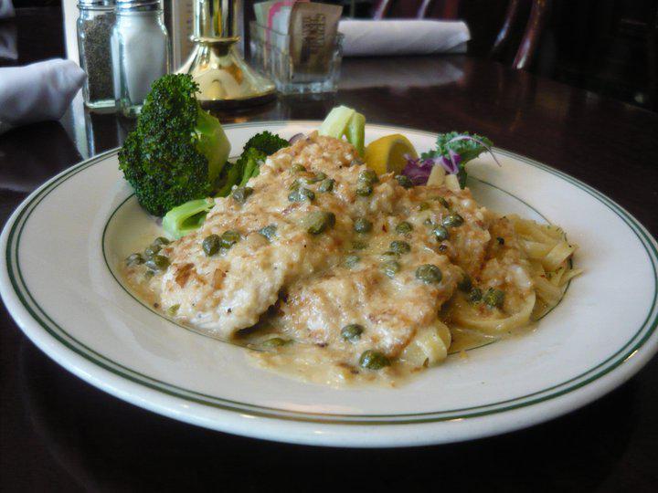 Chicken Piccata Lunch · Breast of chicken cutlets breaded and pan-fried in lemon, butter, wine and capers. Served with fettuccine aglio e olio and sauteed fresh vegetables. 