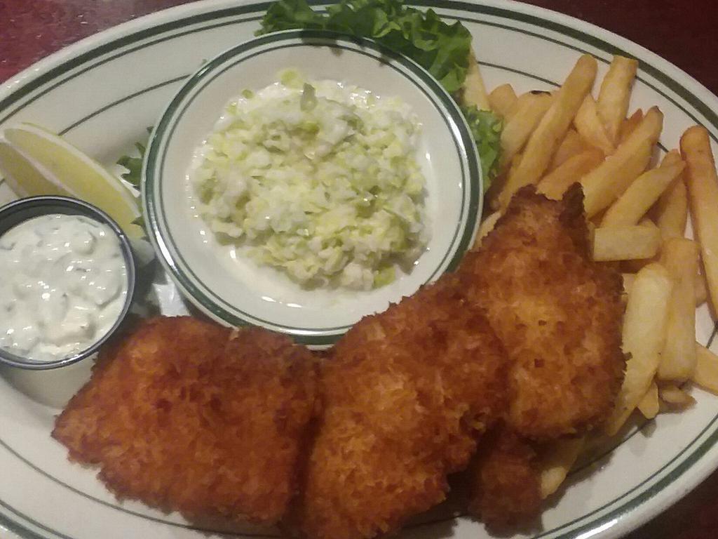 Cod Fish and Chips Lunch · Fresh cod coated with panko, deep-fried and served with tartar sauce and a side of french fries.