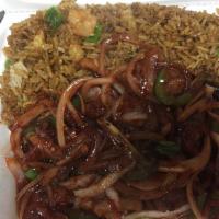 D16. Mongolian Beef Combo  · Served with shrimp fried rice and a choice of 3 crab Rangoon or 1 egg roll. Spicy.