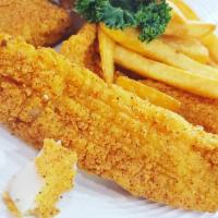 Catfish · Catfish filet with fries and toasted bun.