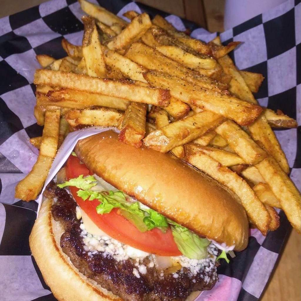 #6. Bleu Cheese Burger and Fries  · Real bleu cheese, grilled onions, swiss cheese, mayo, lettuce and tomato.