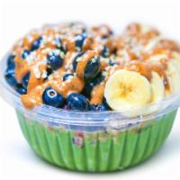 Green Crush Green Bowl · Our delightfully healthy green base topped with granola, banana, blueberry, almond, butter, ...