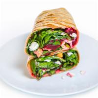 Sweet Beet Wrap · Chickpeas, beet, red onion, goat cheese, spinach with balsamic vinaigrette in a flour tortil...