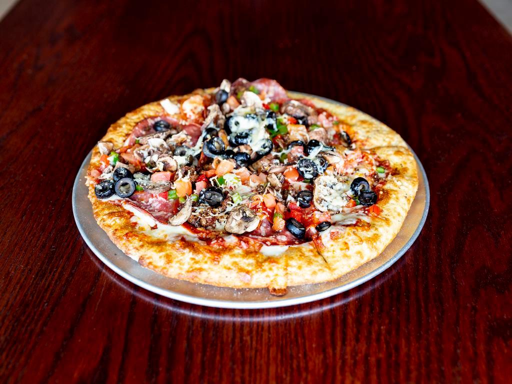 Supreme Pizza · Marinara, pepperoni, sausage, black olive, peppers, mushrooms, red onion.