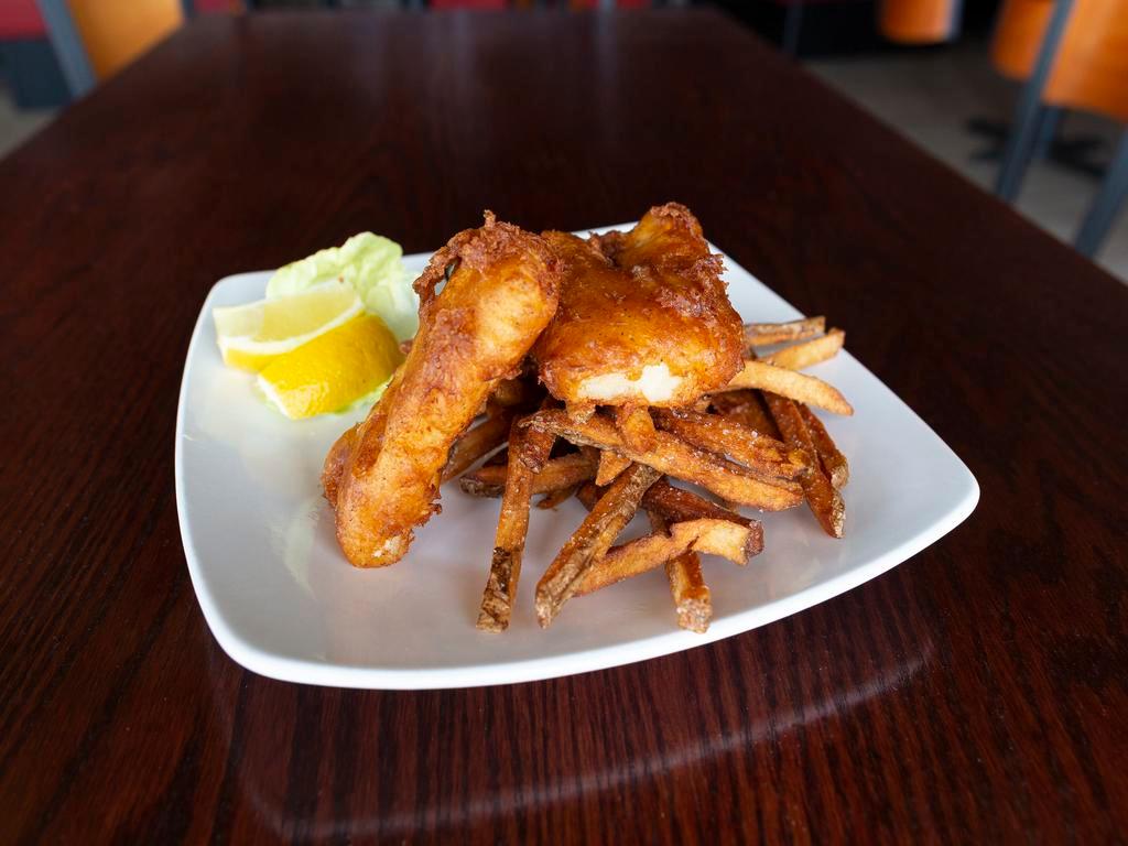 Fish and Chips · Beer battered cod served with hand cut fries and dill remoulade.