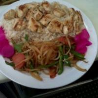 Chicken Kabob Platter · 10oz Grilled marinated Chicken with grilled onion, bell pepper and tomato, served over rice ...