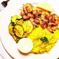 Shrimp Kabob Plate · Charbroiled skewers of shrimp lightly marinated in extra virgin olive oil, herbs, and spices...