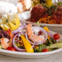 Mediterranean Salad · Mixed greens, red onions, grape tomatoes, yellow peppers, olives, feta cheese and shrimp in ...