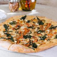 The Sausage Pizza · Medium 13”. 4 cheeses, chicken sausage, Roma tomatoes and spinach.