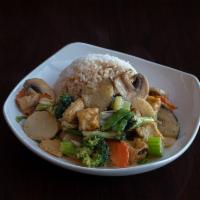 37. Vegetable Curry · Broccoli, strip bamboo shoots, celery, Napa, water chestnuts, mushrooms, peapods, carrots, b...