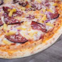 The Champ's Hawaiian · Topped with premium bacon, pineapple, coconut, red onion, and a hundred-percent whole milk m...