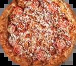 BBQ Chicken Pizza · Texas-style marinated chicken, red onions, tomatoes and feta cheese atop a base of tangy BBQ sauce.