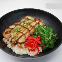 D1. Kakuni Don Rice Bowl · Braised pork belly served over nice with pickled ginger, seaweed salad, scallions, sesame se...