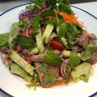 Spicy Beef Salad · Chili tamarind dressing with red onion, green onion, cilantro, mint leaves, tomatoes and cuc...