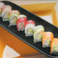 Rainbow Roll · California roll topped with salmon, tuna, white fish and avocado.