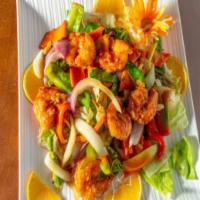 Thai Butterfly Shrimp · Jumbo shrimp stir fried with asparagus, onion, carrot, snow peas and bell pepper, served on ...
