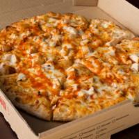 Buffalo Chicken Pizza · Frank's hot sauce on the bottom and lots of chicken marinated in Buffalo sauce.