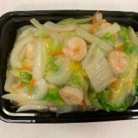 Shrimp Chow Mein · Napa cabbage, carrot, celery and onion in white sauce and fried noodles on side.