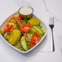 Farmer's Market Salad · Lettuce, tomatoes, red onions, green pepper, carrots, cucumber, croutons & ranch.