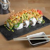 Tsunami Roll · 8 pieces. Shrimp tempura, scallions, cream cheese topped with wakame, shrimp tempura, and cr...