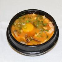 Tofu Soup 순두부 · Choice of combination, seafood, clam, oyster, mushroom, beef kimchi and pork kimchi.