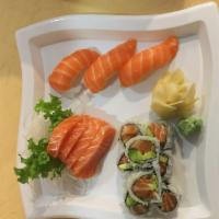 Salmon Lover · 3 pieces salmon sushi, 4 pieces salmon sashimi and spicy salmon avocado roll. Raw.