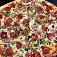 Supreme Pizza · Pepperoni, sausage, hamburger, Canadian bacon, mushrooms, black olives, bell peppers and oni...