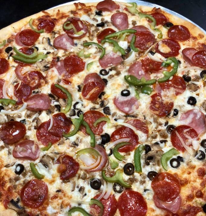 Supreme Pizza · Pepperoni, sausage, hamburger, Canadian bacon, mushrooms, black olives, bell peppers and onions.