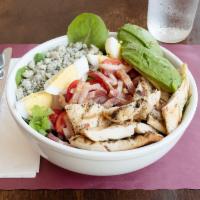 Cobb Salad · Mixed greens, grilled chicken, avocado, cherry tomatoes, boiled egg, bacon, blue cheese and ...