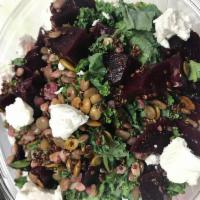 Beet Salad · Roasted Beets ,roasted butternut squash, farro, kale,pepitas,goat cheese,quinoa lemon vinaig...