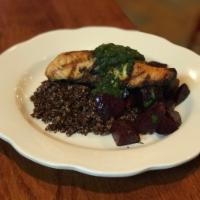 Grilled Salmon · Served with roasted beets, red quinoa and kale pesto.